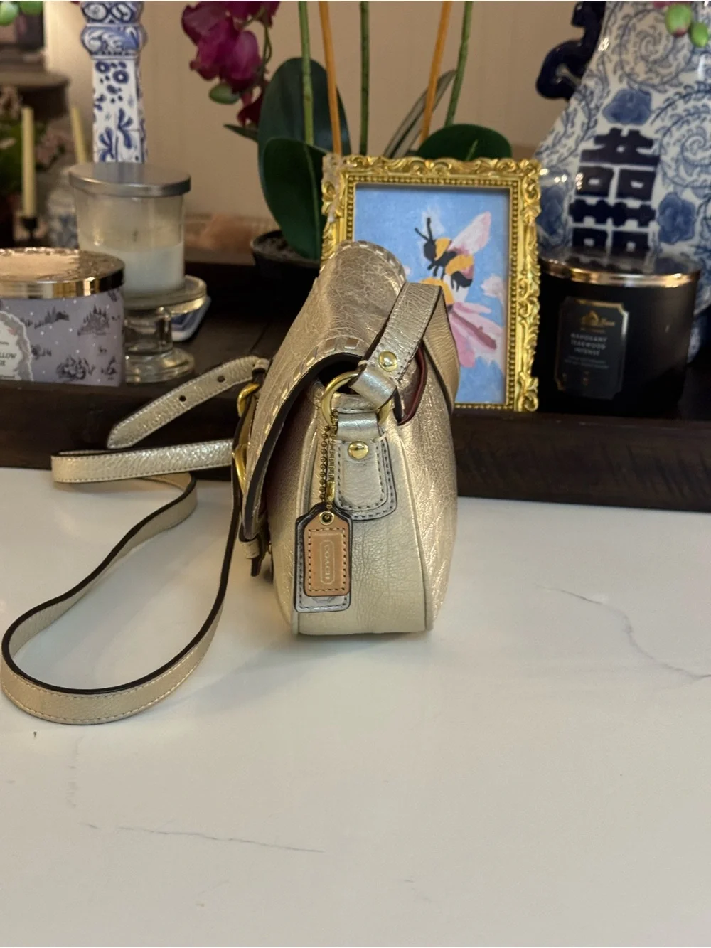 💛 COACH POPPY METALLIC LEATHER WHIPSTITCH CROSSBODY BAG!